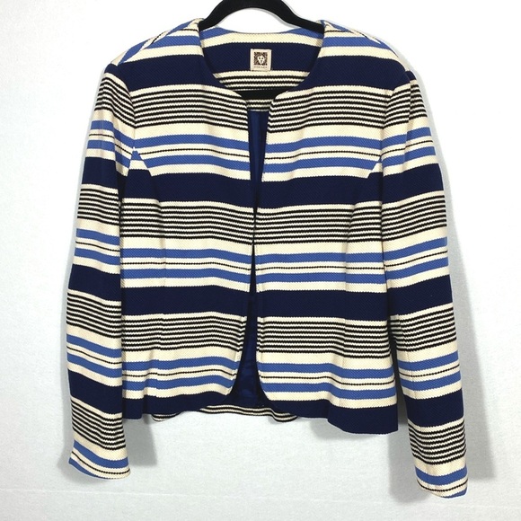 Anne Klein Stripe Tulip Hem Jacket Blue and Cream - Picture 5 of 14